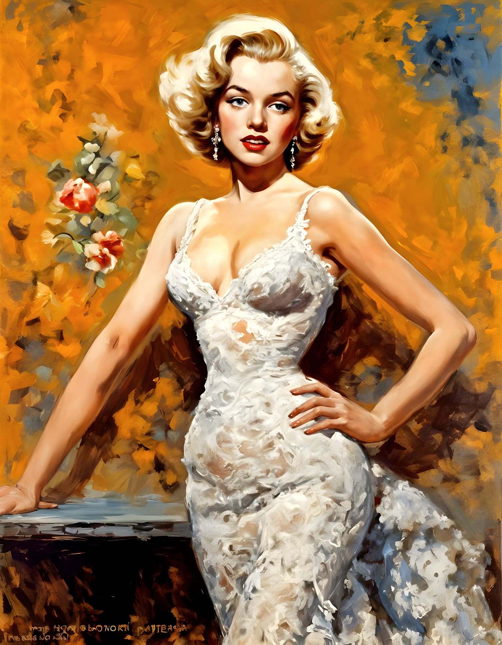 Impressionist Marilyn Monroe in Elegant White Lace Gown