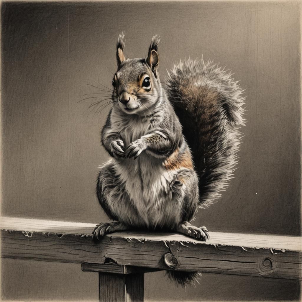 Gymnastics Squirrel: Hyperdetailed Charcoal Drawing