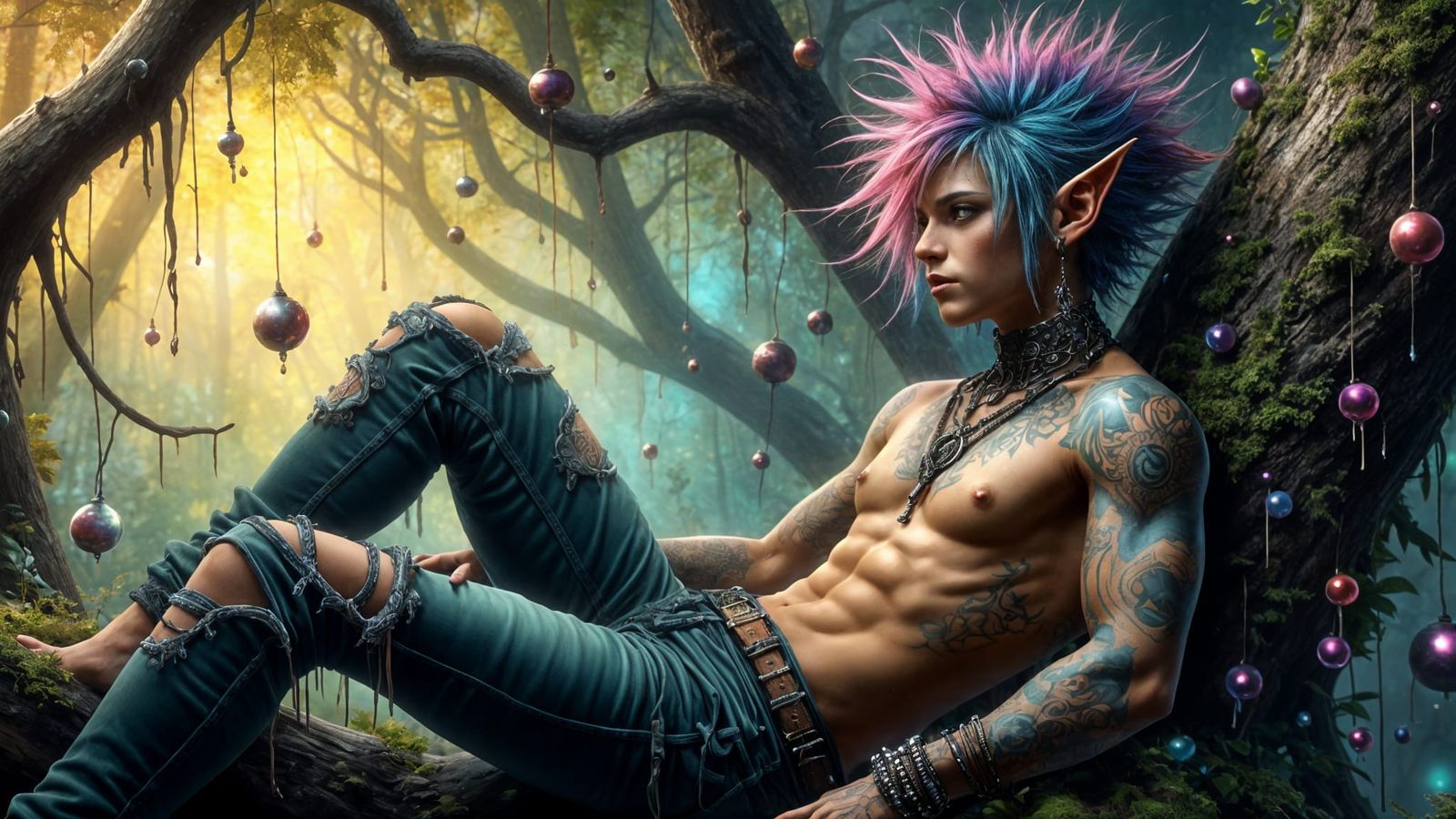Dark Fantasy Elf Relaxing in a Forest