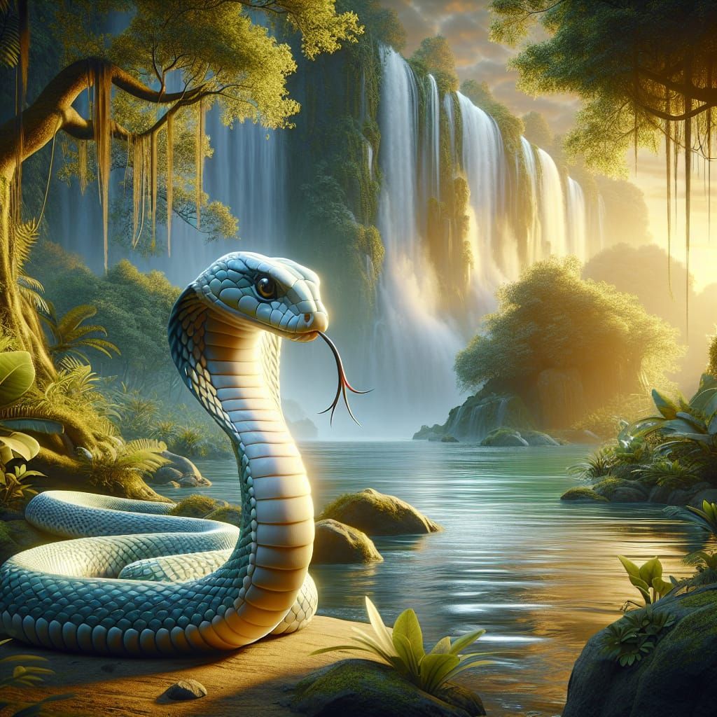 Charming Cobra in Lush Waterfall Lagoon: 8K Render