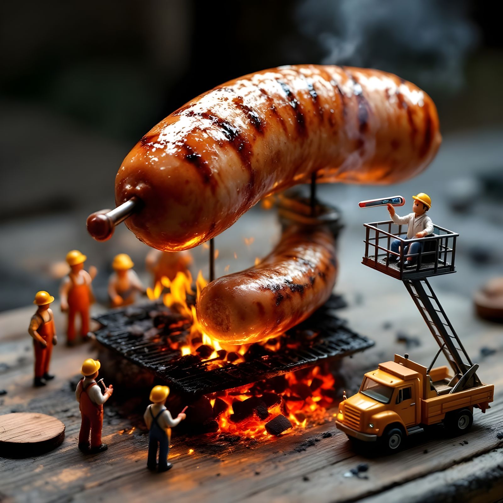 Miniature Workers Inspecting Gigantic Grilled Sausage