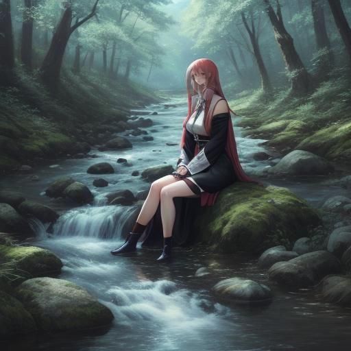 Anime Girl Sitting by Stream