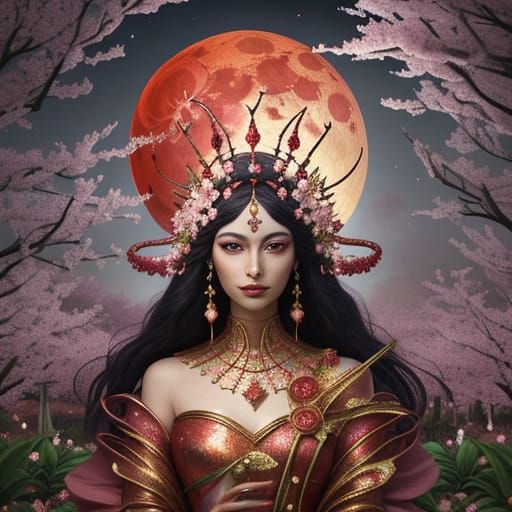 Surreal Garden with Wax Figure and Blood Moon