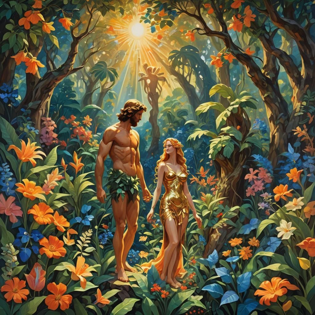 Adam and Eve in Eden: Oil Painting