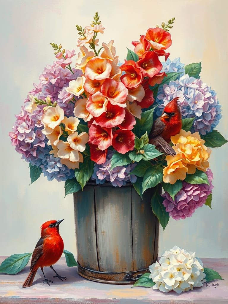 Snapdragons and Bird in an Impressionistic Impasto Style