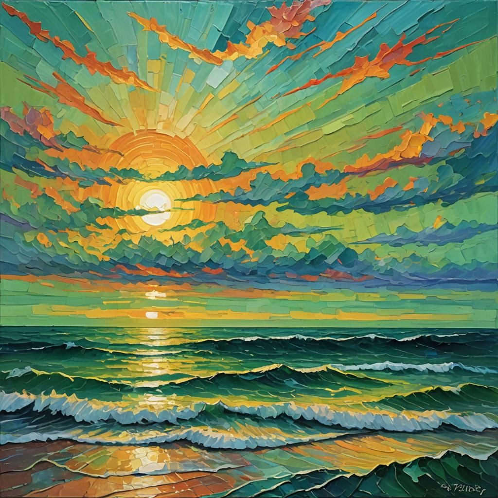 Pacific Sunset Green Flash in Expressionist Oil