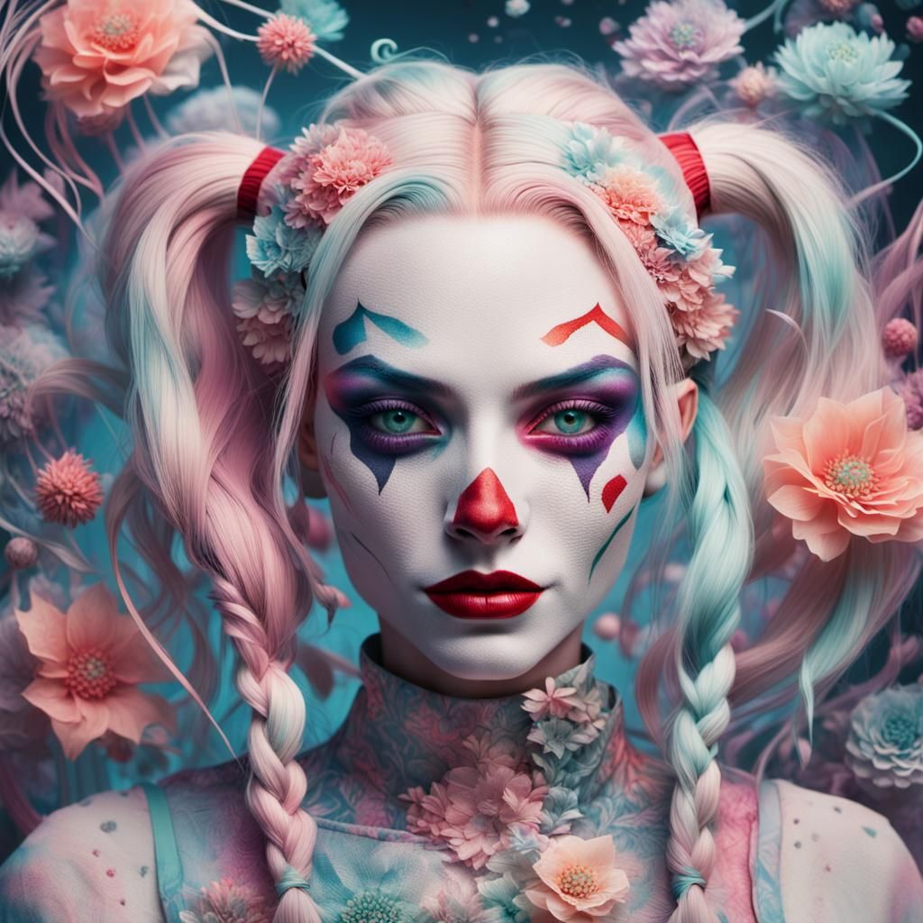 Surreal Harley Quinn Portrait with Neon Accents
