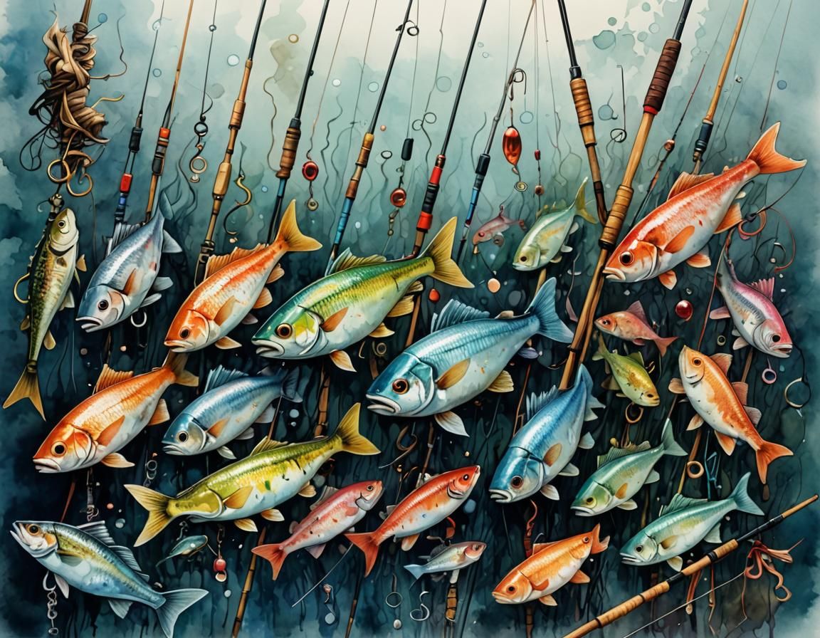 Watercolor Fishing Gear Digital Illustration