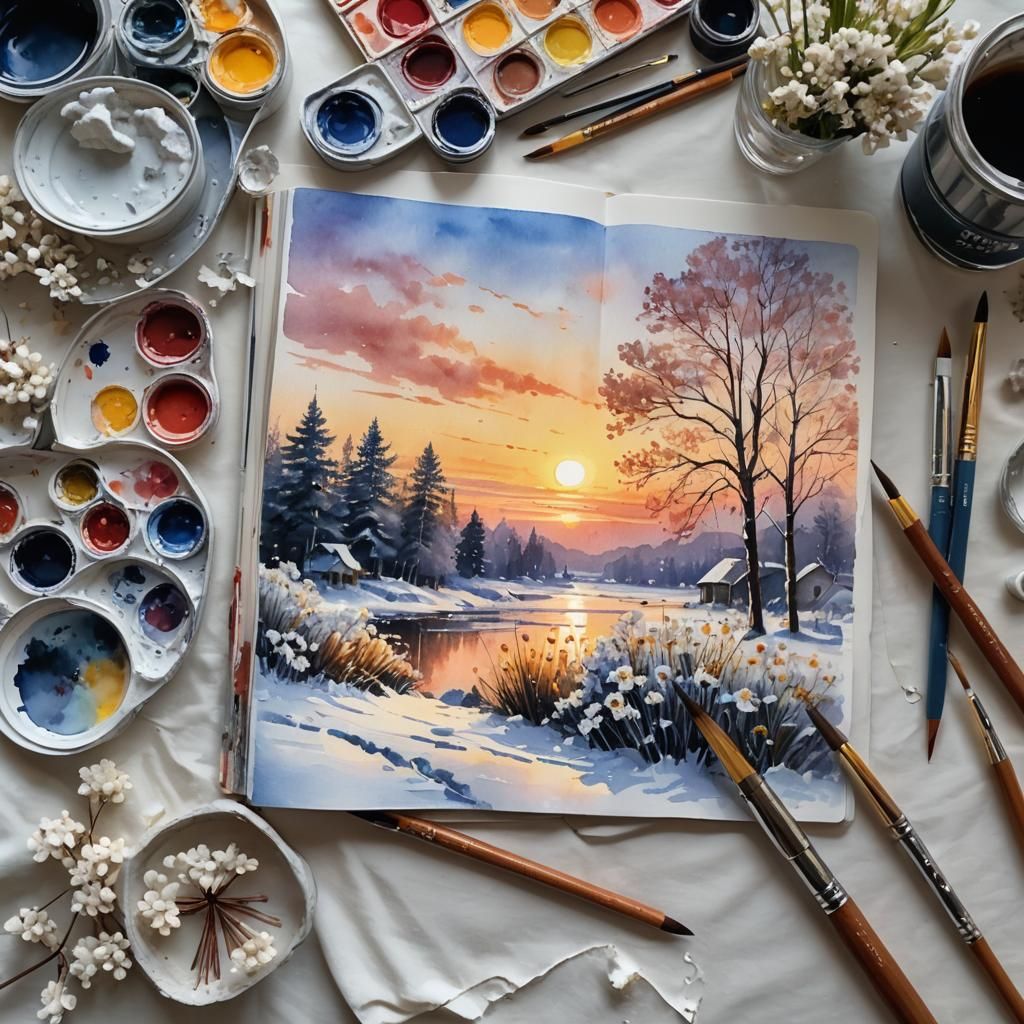 Close-up of Watercolor Painter at Work, Winter Scene in Jour...