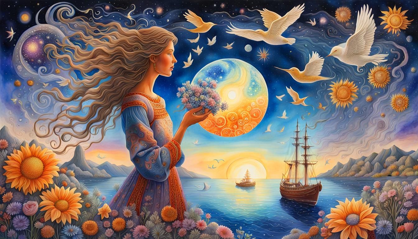 Woman Holding Galaxy in Surreal Watercolor Universe