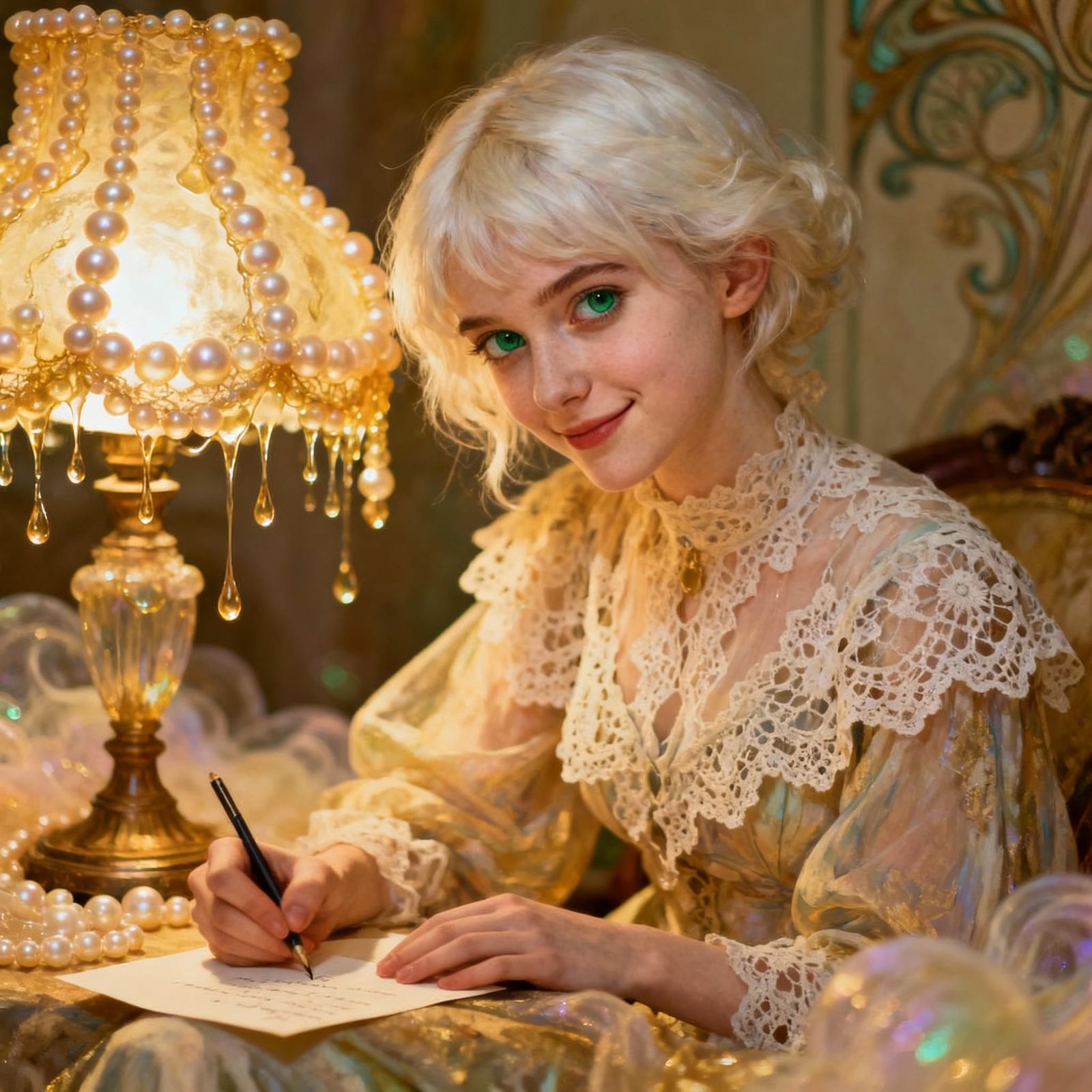 Woman Writing by Lamplight in Romantic, Dreamy Style