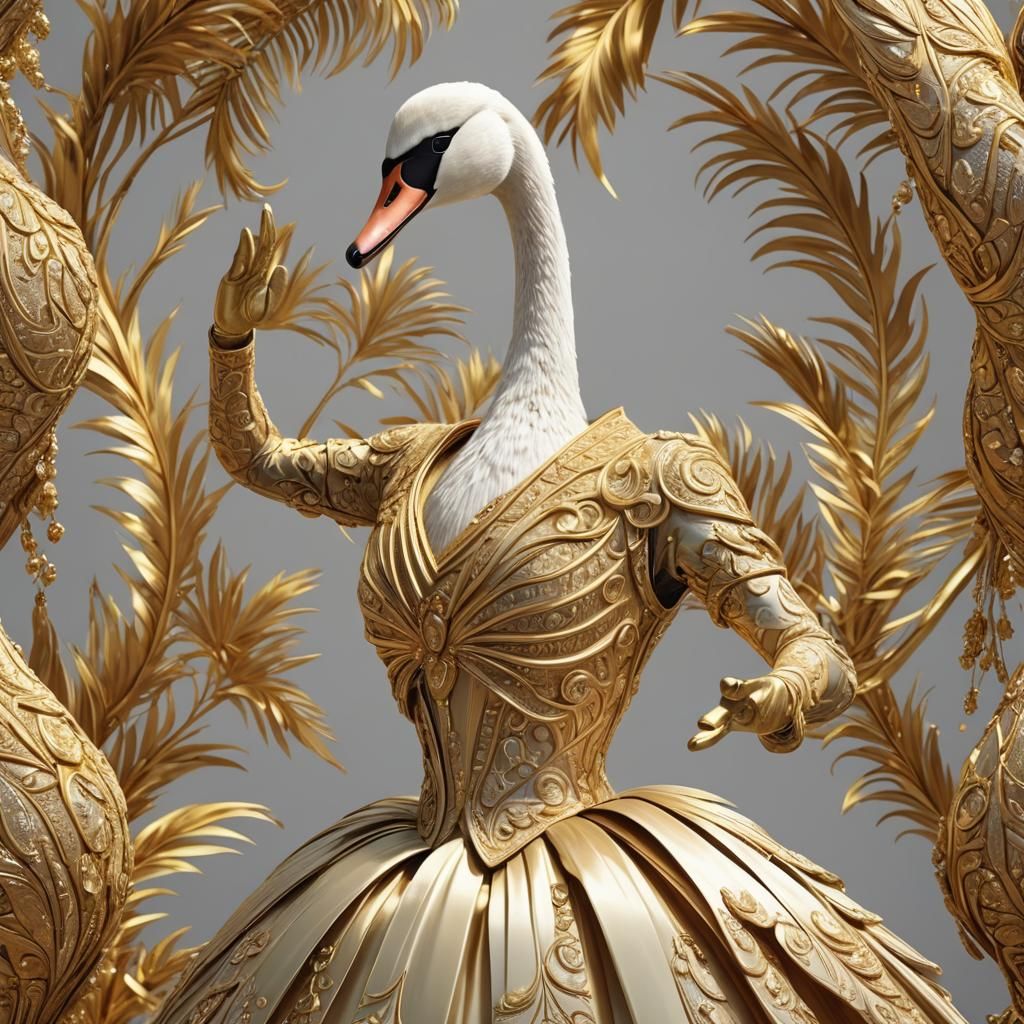 Animated Swan in Golden Silk Dress: 3D Digital Art