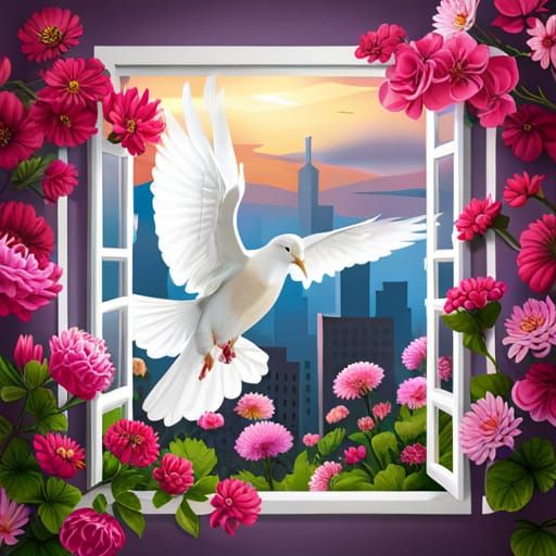 White Dove at Dawn: Hyperdetailed City Window Scene