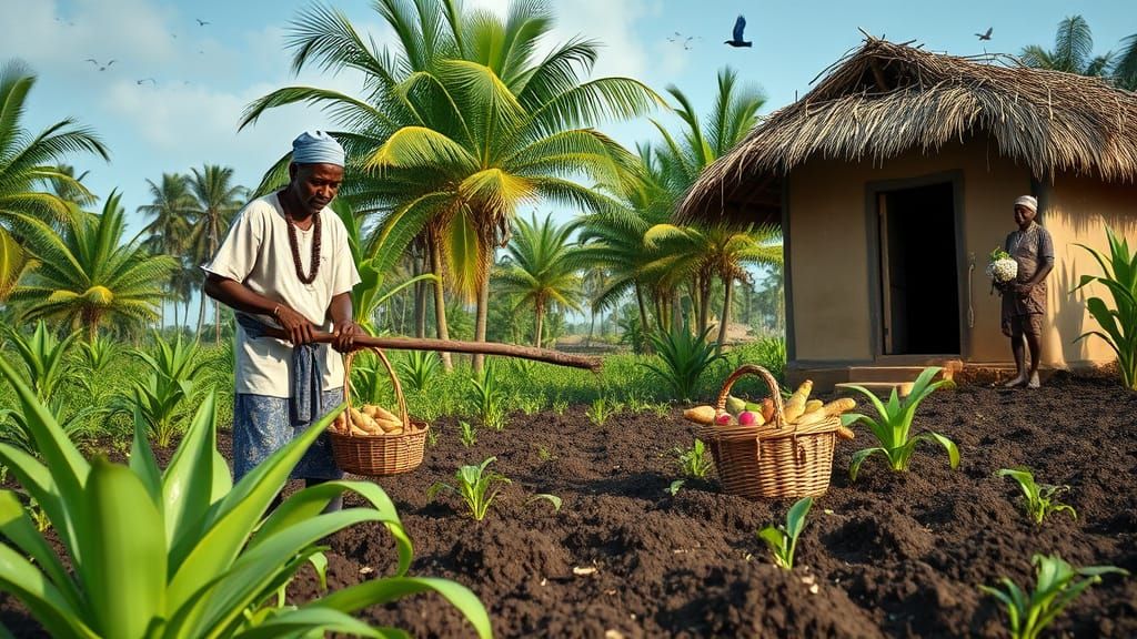 Traditional Igbo Farmer and Apprentice in Lush Farmland