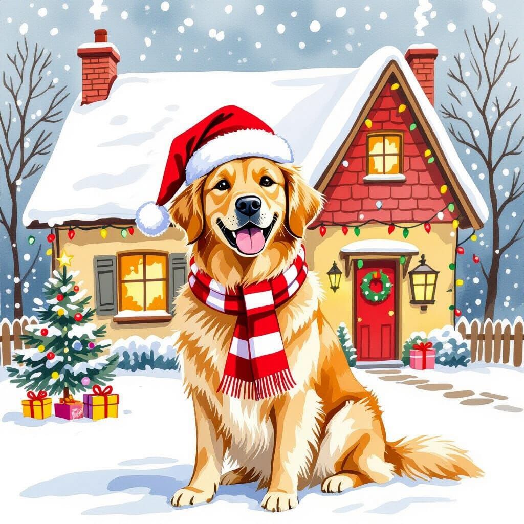 Golden Retriever Christmas Scene in Watercolor Style