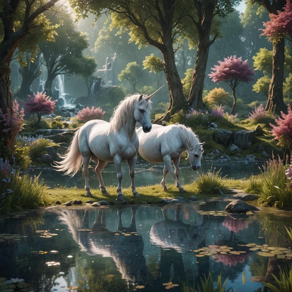 majestic unicorn grazing by a sparkling crystal pond in an enchanted meadow
