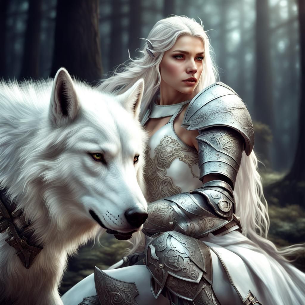 Elf Knight with White Wolf in HDR