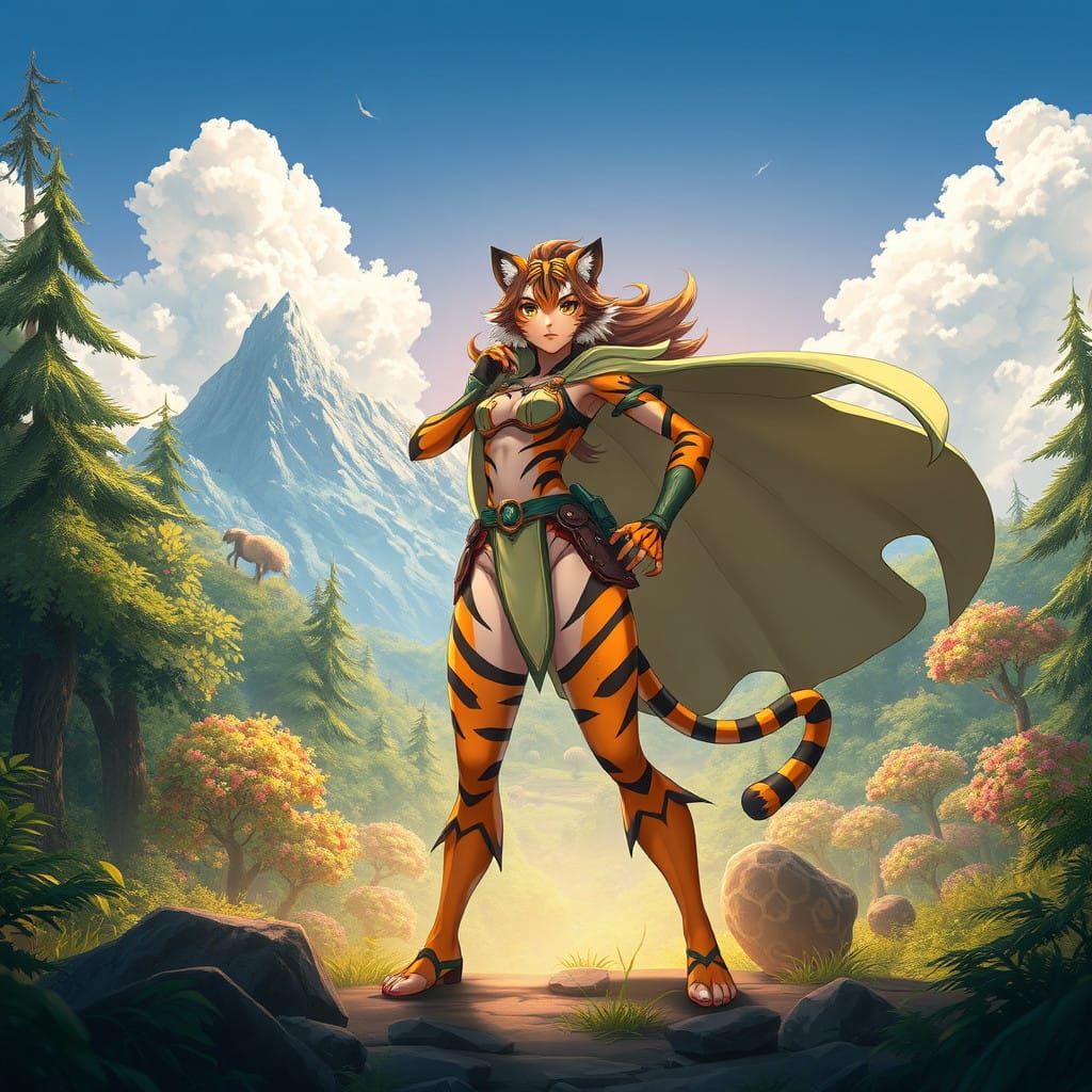 Cyberpunk Tiger Heroine in Vibrant Forest Landscape