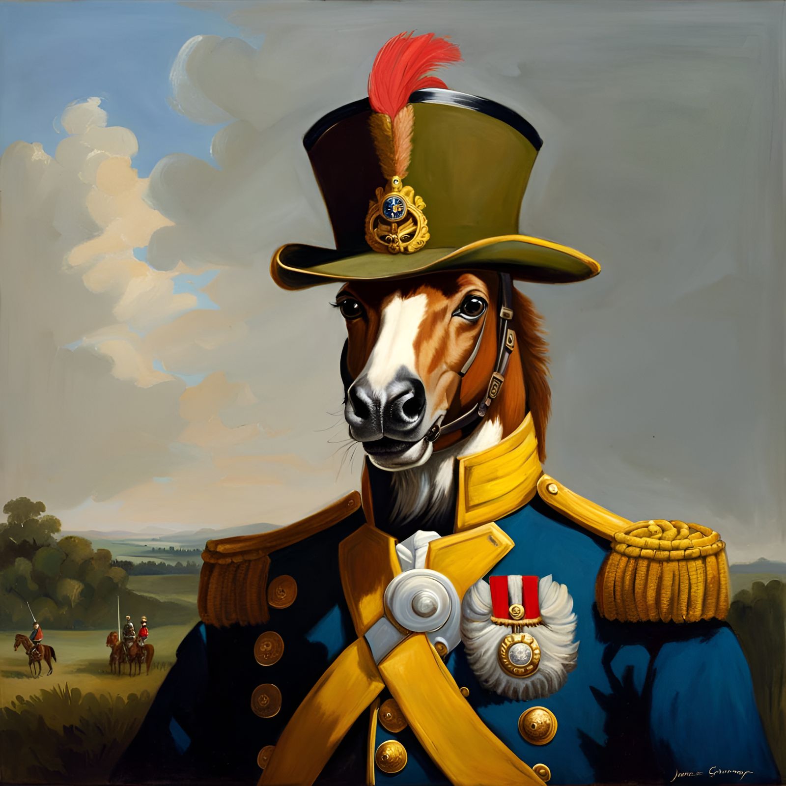 Pony in Military Outfit, Oil Painting