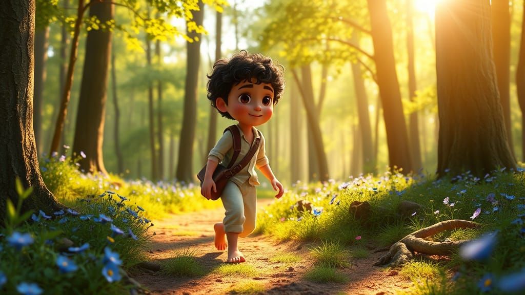 Boy Walks Forest Trail: 3D Rendered Scene