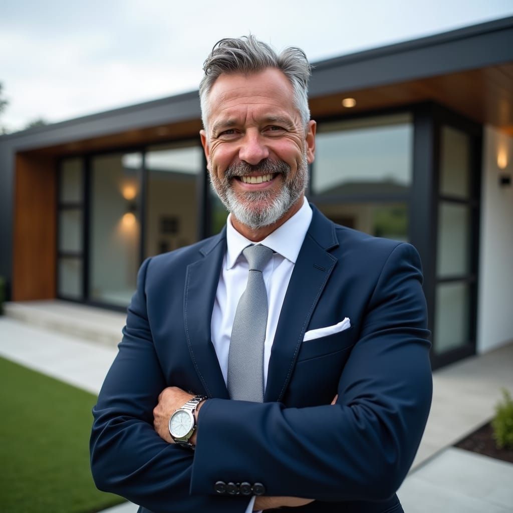 Luxury Real Estate Agent in Front of Modern Property