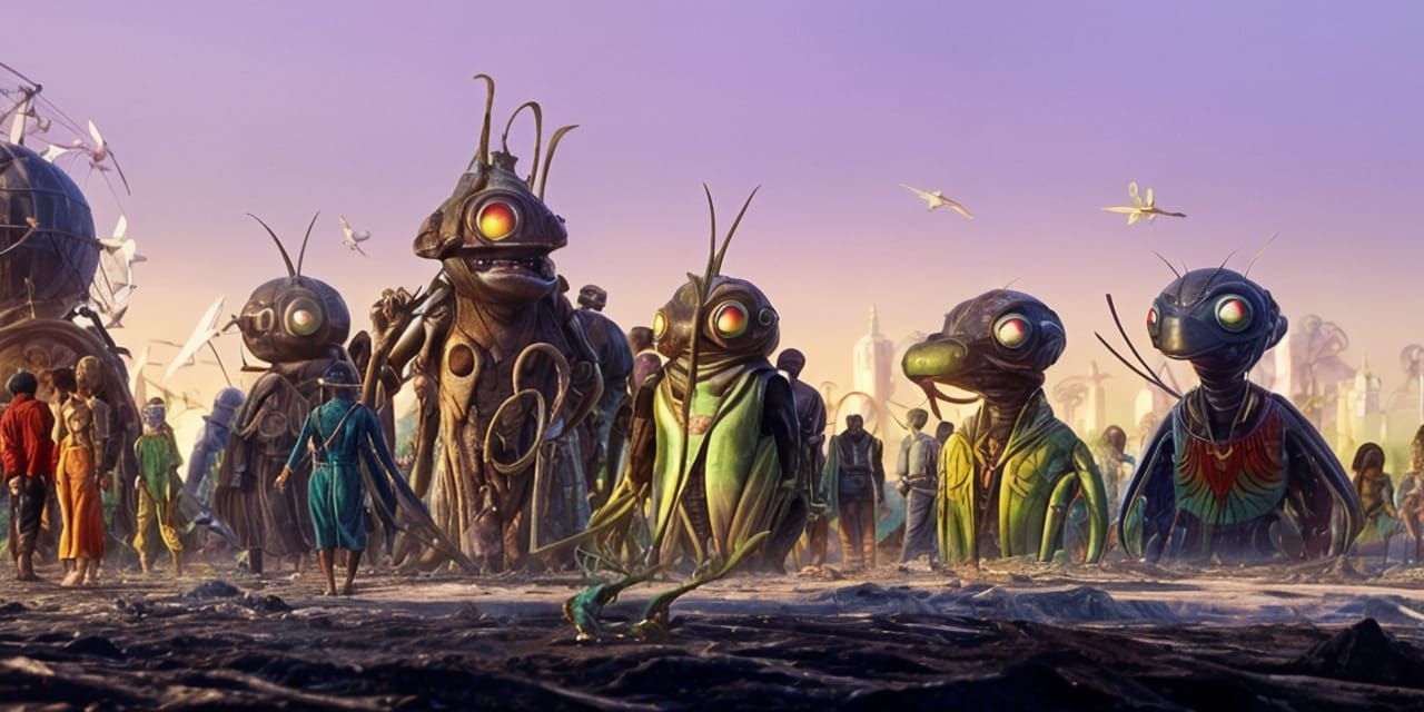 Insectoid and Amphibian People in Ornate Space