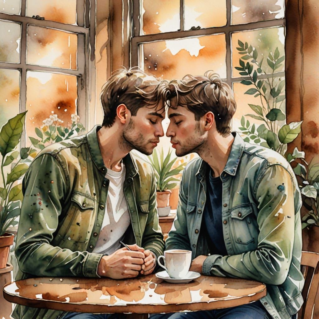 Intimate Kiss: Watercolor Portrait in Earthy Tones
