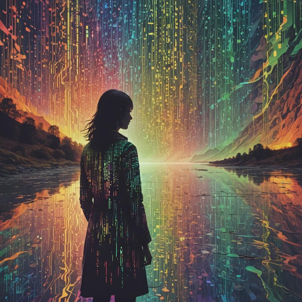 Psychedelic Matrix Code River Valley Silhouette