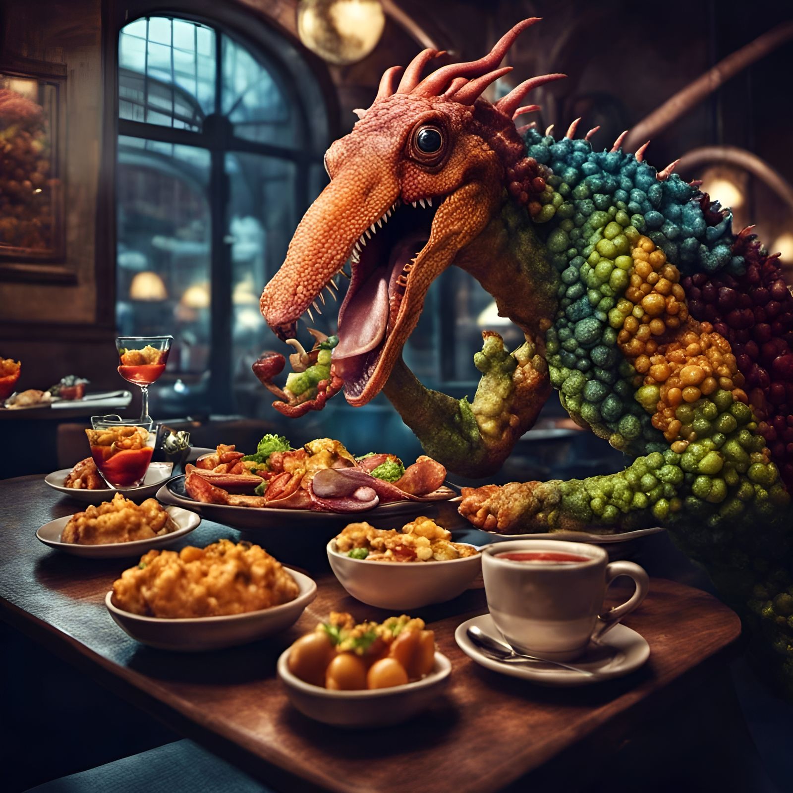 Colorful Hybrid Man Feasting in Bizzarro Bistro