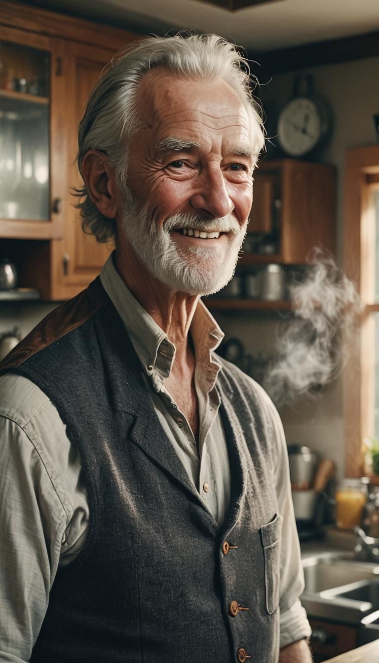 Cinematic Old Man Portrait in Kitchen, Film Still