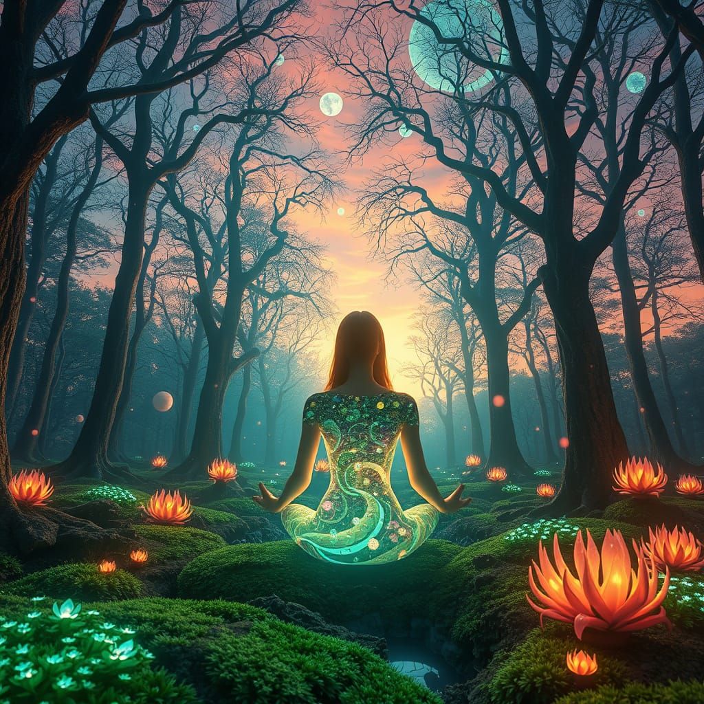 Surreal Forest Glade with Stained Glass Trees and Swirling N...