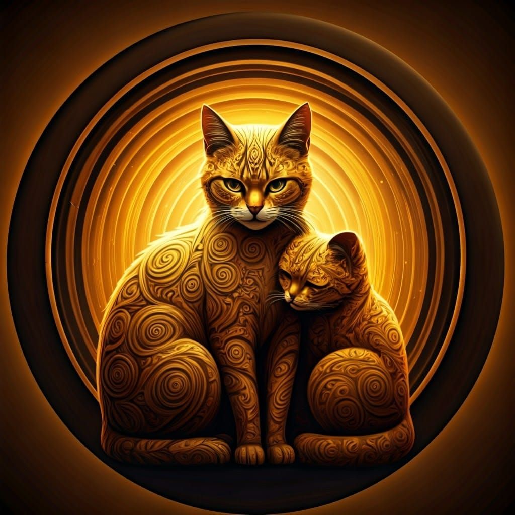 Majestic Cats in Art Deco Geometric Landscape