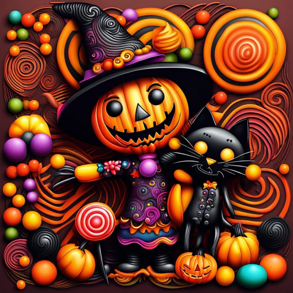 Happy Halloween Scarecrow with Cat in Candy Art Style