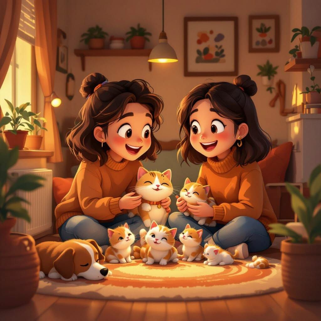 Cozy Pixar Style Apartment Scene with Pets