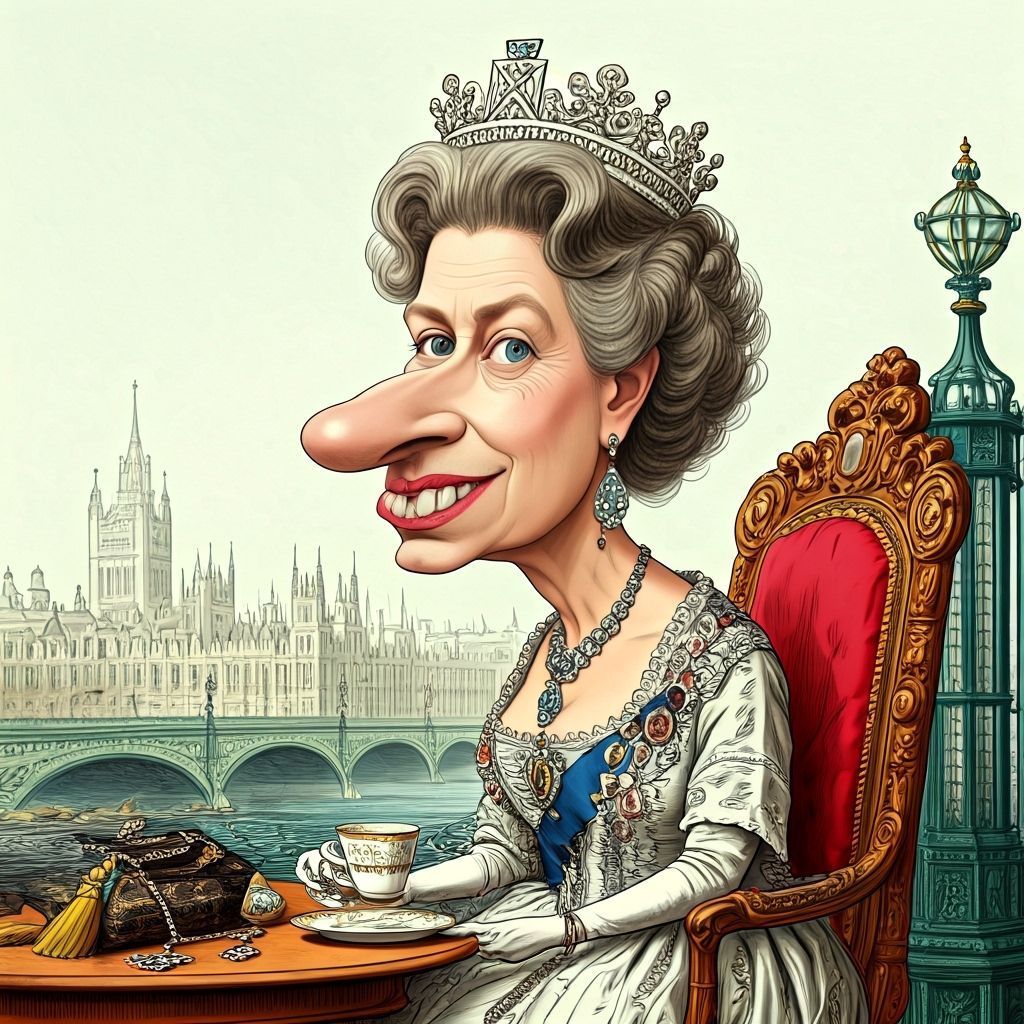 Funny Caricature of Queen Elizabeth Drinking Tea in London