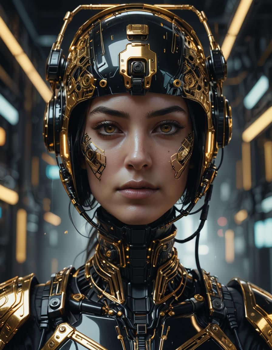 Cyberpunk Woman with Robotic Helmet and Golden Reflections