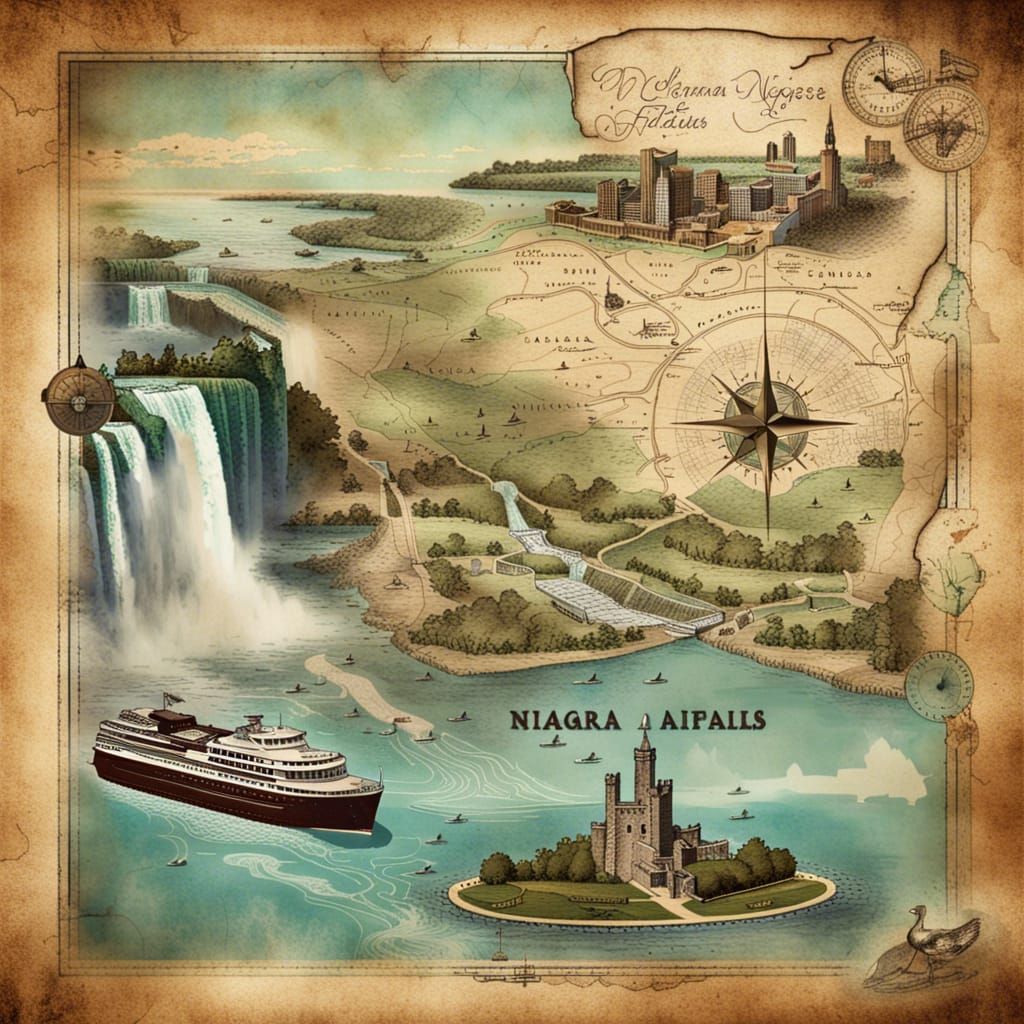 COLLAGE MAP ART: NIAGRA FALLS -  aged vignette map of Niagara Falls