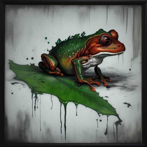 Vibrant Frog on a Wet Leaf in Graffiti Art Style