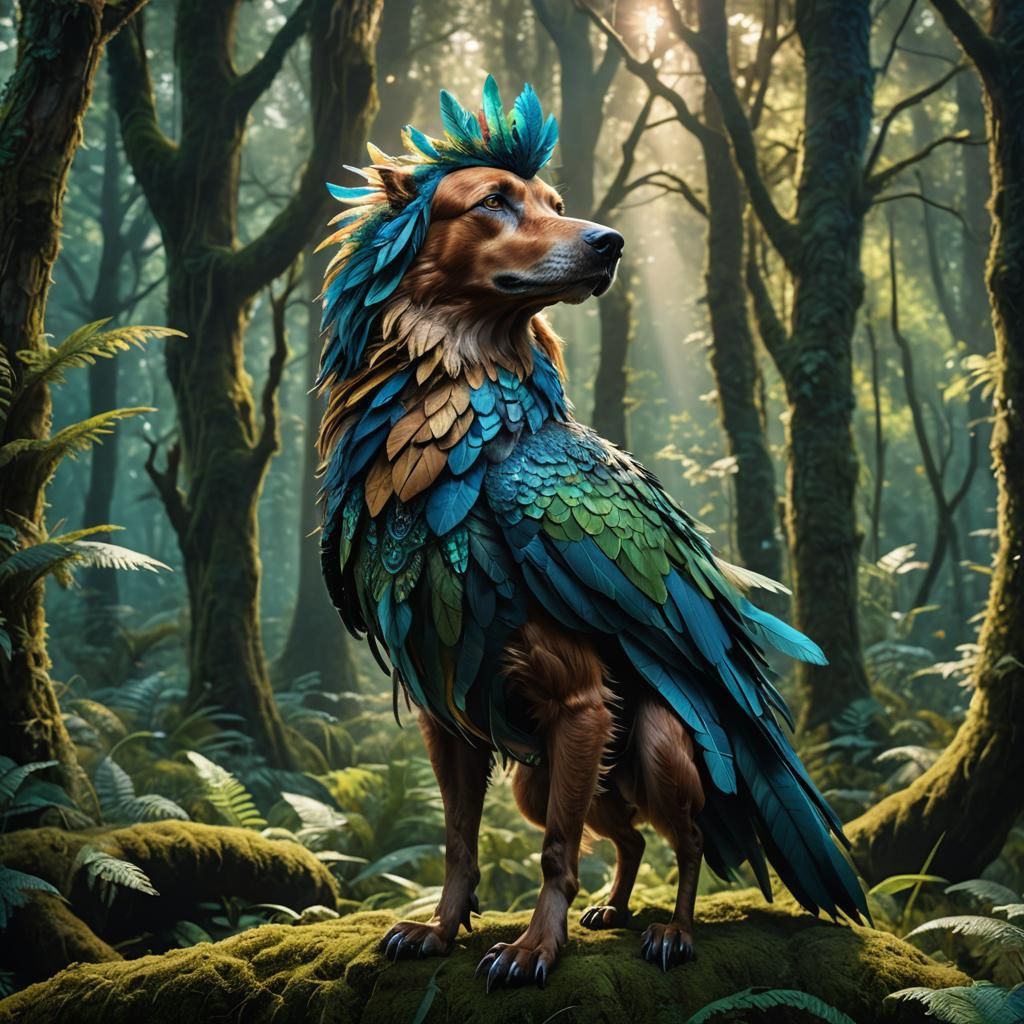 Whimsical Bird-Dog Creature in Mystical Forest