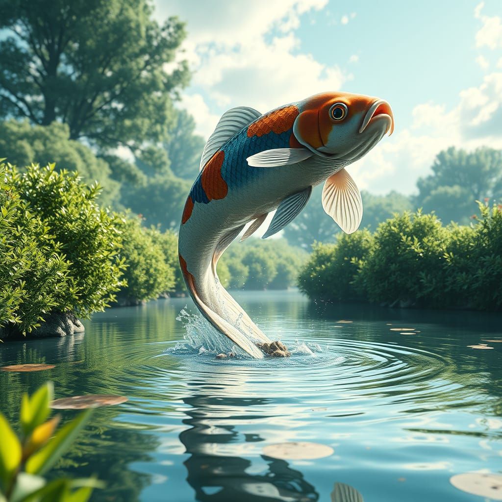 Surreal Koi Fish Leaping From Pond in Dramatic Fantasy Art S...