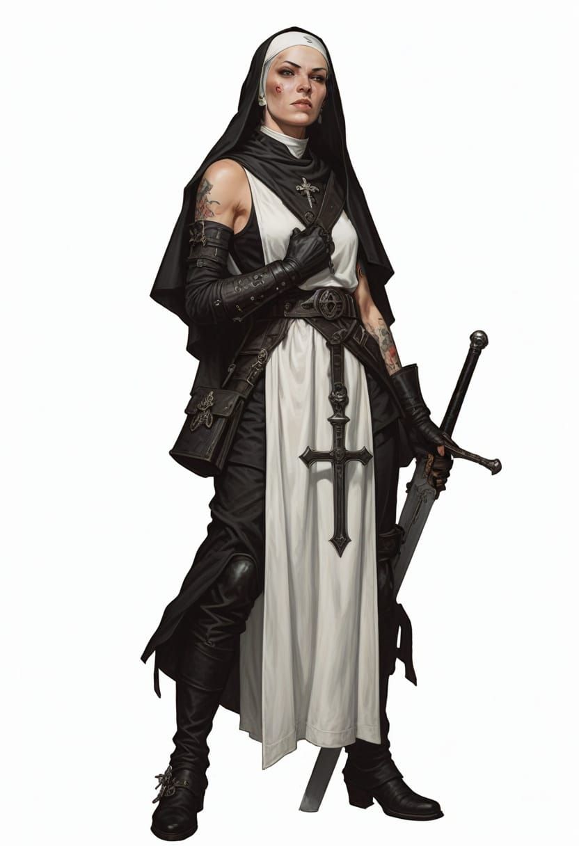 Tattooed Warrior Nun with Sword in Sci-Fi RPG Style