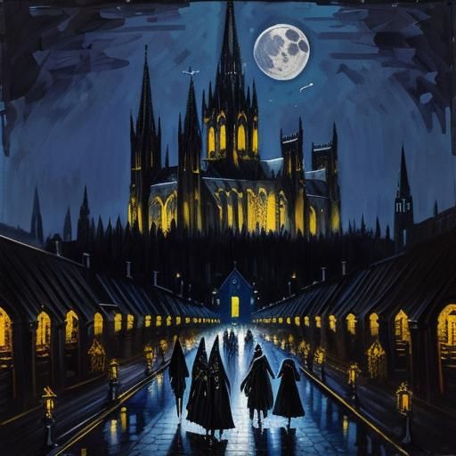 Gothic Cathedral Pallet Knife Painting Under Moonlight