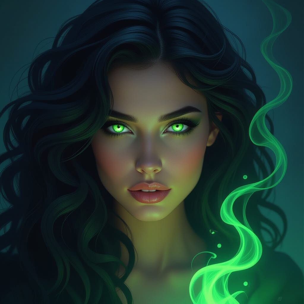 Ethereal Woman With Glowing Green Eyes in Dark Fantasy Style