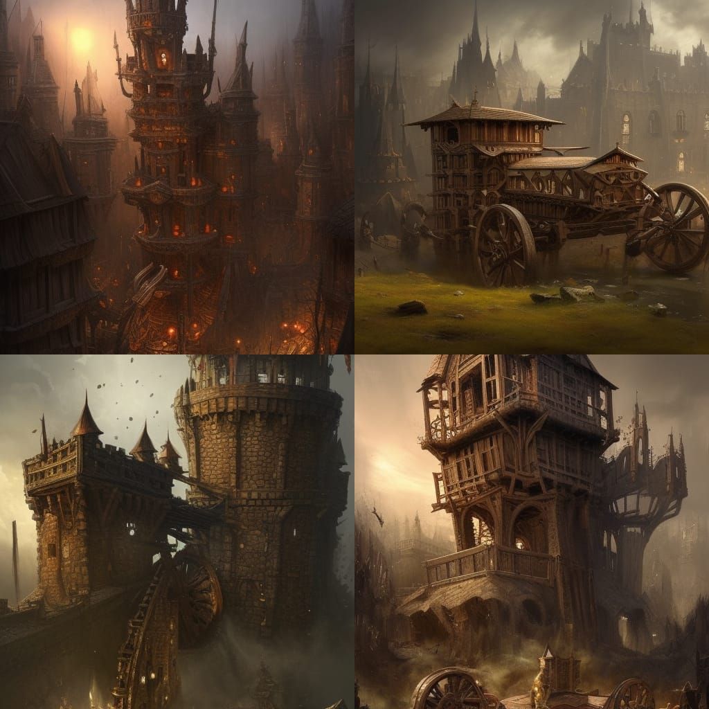 Medieval Wooden Tower on Wheels: Dark Fantasy Art