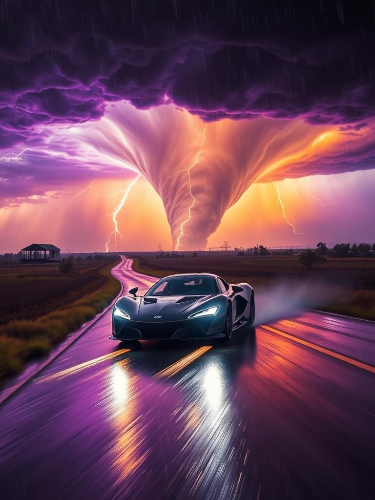 Sports Car Racing Away From Tornado