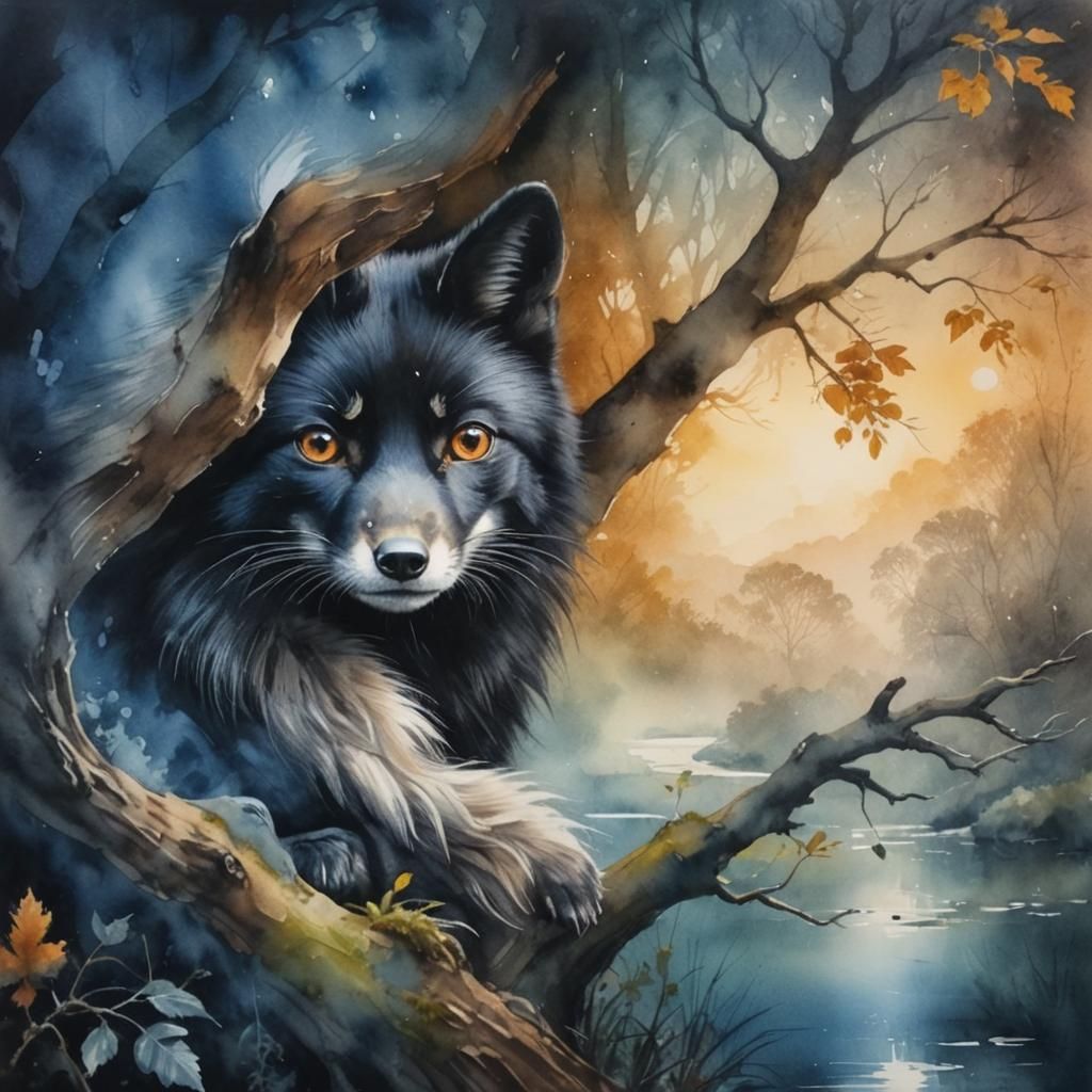 Hyper-Realistic Silky Black Fox in Watercolor Landscape