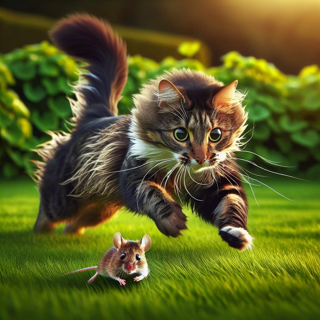 Cat and Mouse Chase Across Verdant Lawn