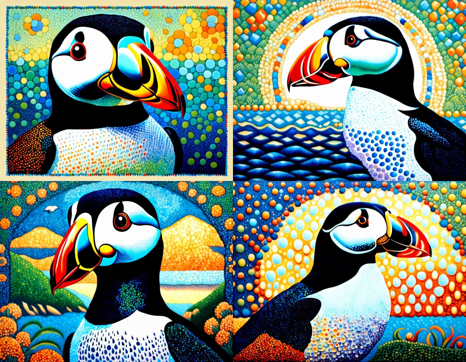 Puffin Portrait in Pointillism Style