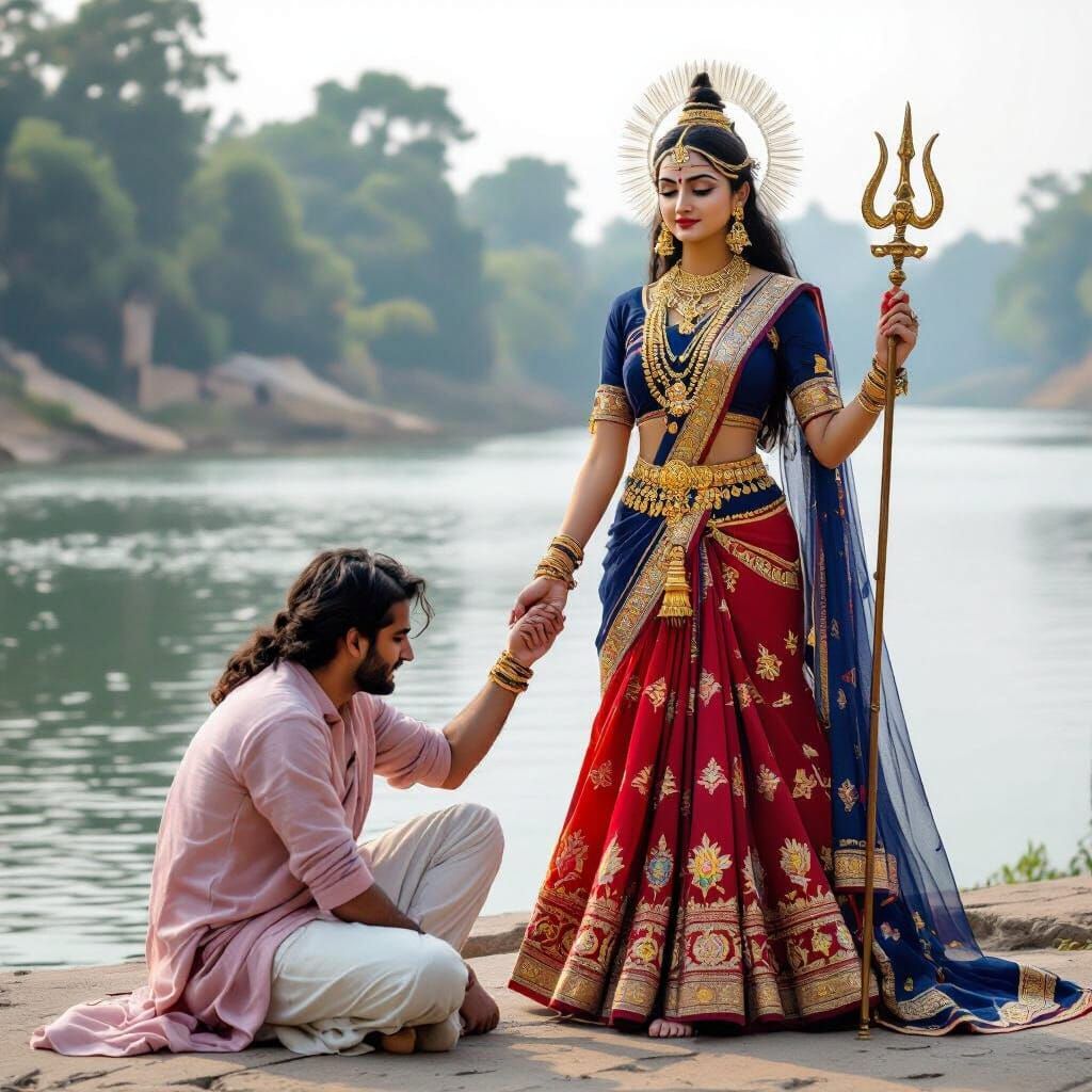 Divine Indian Goddess Beside Tranquil River