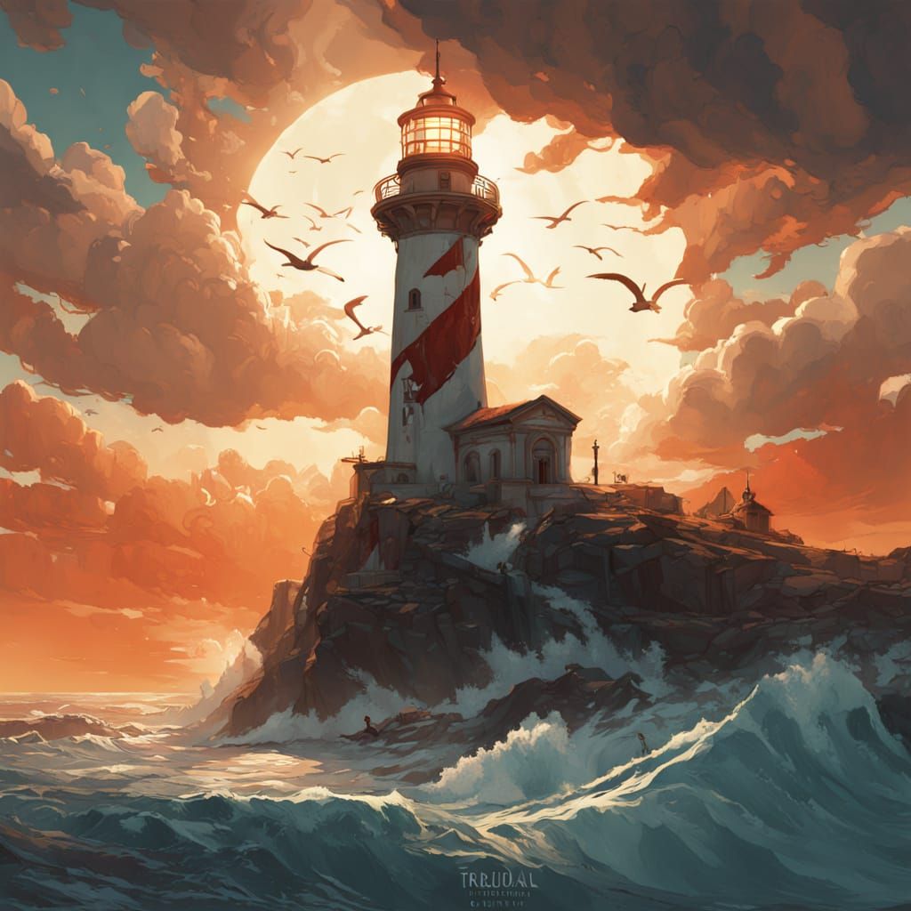 Majestic Lighthouse on Rugged Coastline at Sunset